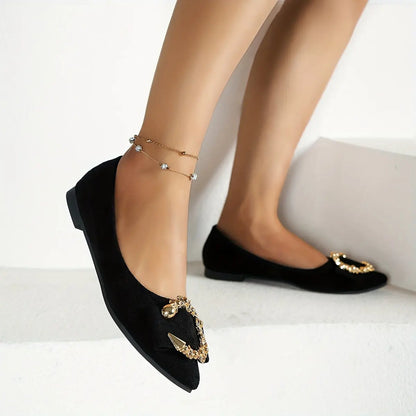 Women's Metal Decor Flat Shoes, Elegant Pointed Toe Slip On Shoes, Comfortable Walking Shoes - NEXTRENDBAHRAIN