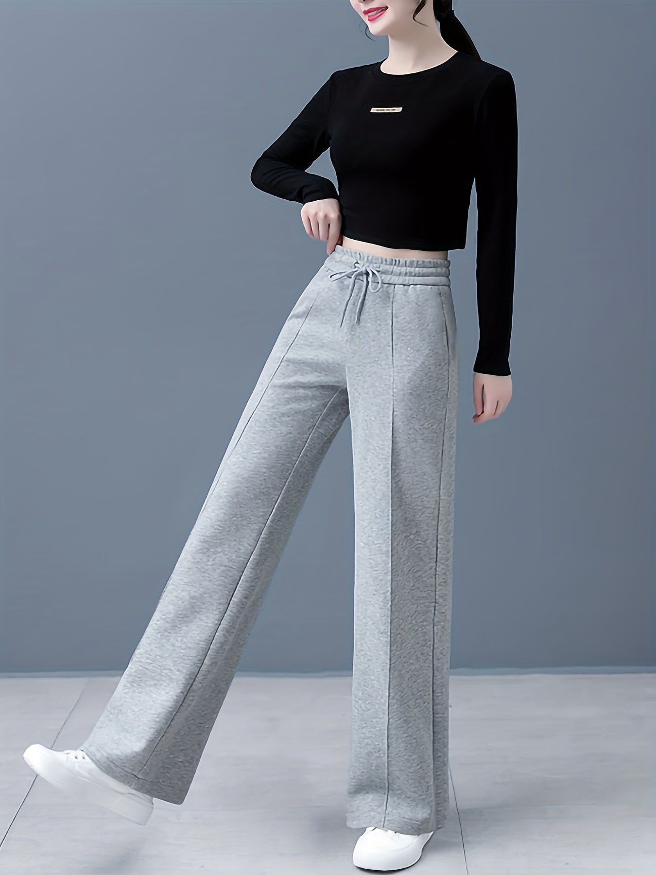 Women's High-Waist Straight-Leg Pants in Solid Color - Comfortable Polyester, Machine Washable, Casual Wide-Leg Design for All Seasons NEXTRENDBAHRAIN