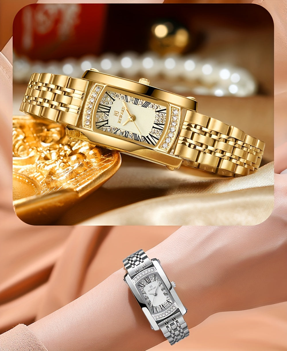 Elegant Golden-Tone Women's Watch - Luxury Retro Rectangle Design with Rhinestone Accents, Stainless Steel Band, Japanese Quartz Movement - NEXTRENDBAHRAIN