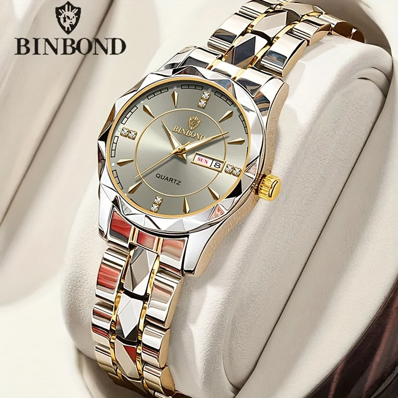 BINBOND Women's Dial Cutting Watch Luxury Rhinestone Quartz Watch Retro Fashion Luminous Analog WR Stainless Steel Wrist Watch - NEXTRENDBAHRAIN