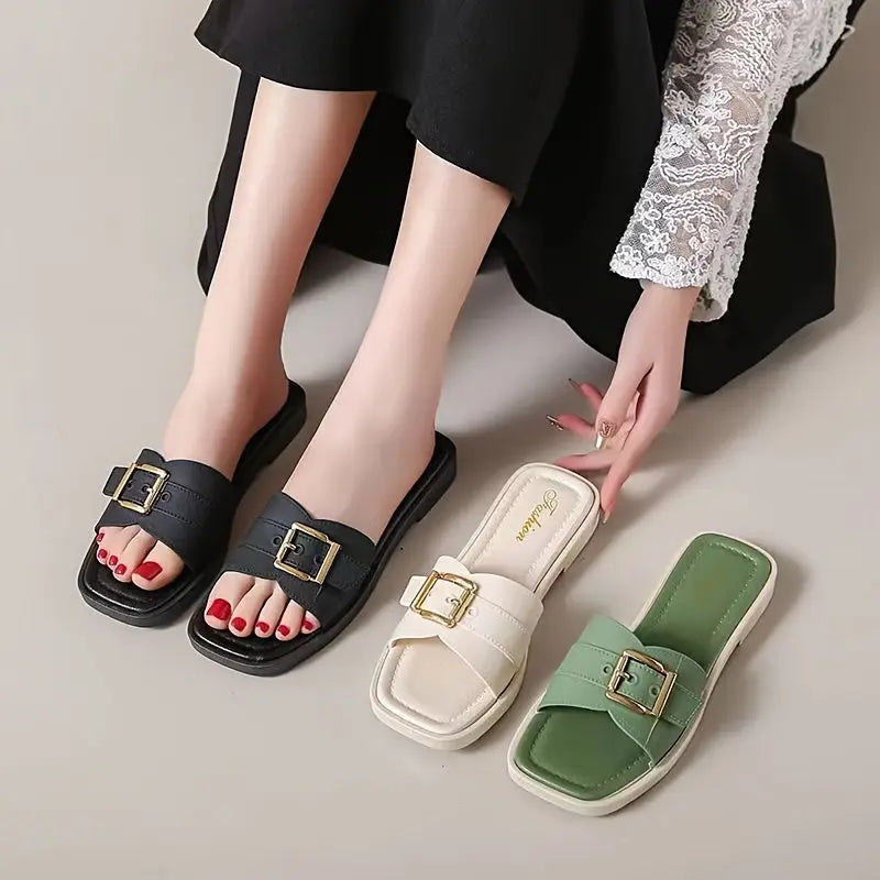 Women's Solid Color Slide Sandals, Casual Square Open Toe Flat Summer Shoes, Lightweight Buckle Strap Design Slide Sandals - NEXTRENDBAHRAIN