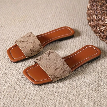 Women's Single Band Flat Slides, Square Open Toe Summer Shoes, Casual Outdoor Slide Sandals - NEXTRENDBAHRAIN