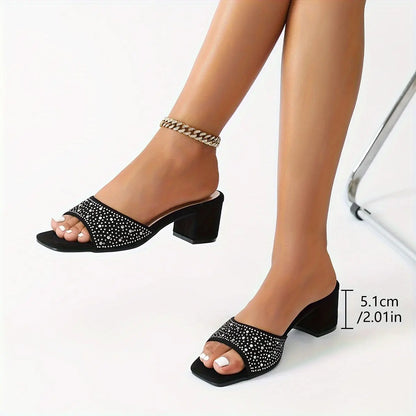 Women's Chunky Heeled Sandals, Rhinestone Decor Square Open Toe Slip On Heels, Fashion Going Out Vacation Party Shoes - NEXTRENDBAHRAIN