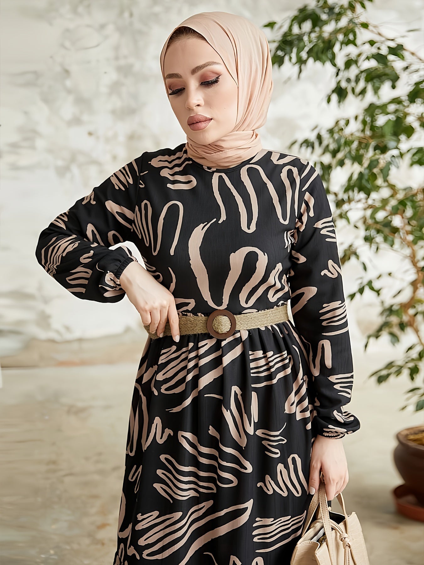 Allover Print Crew Neck Kaftan Dress, Elegant Long Sleeve Maxi Dress, Women's Clothing - NEXTRENDBAHRAIN