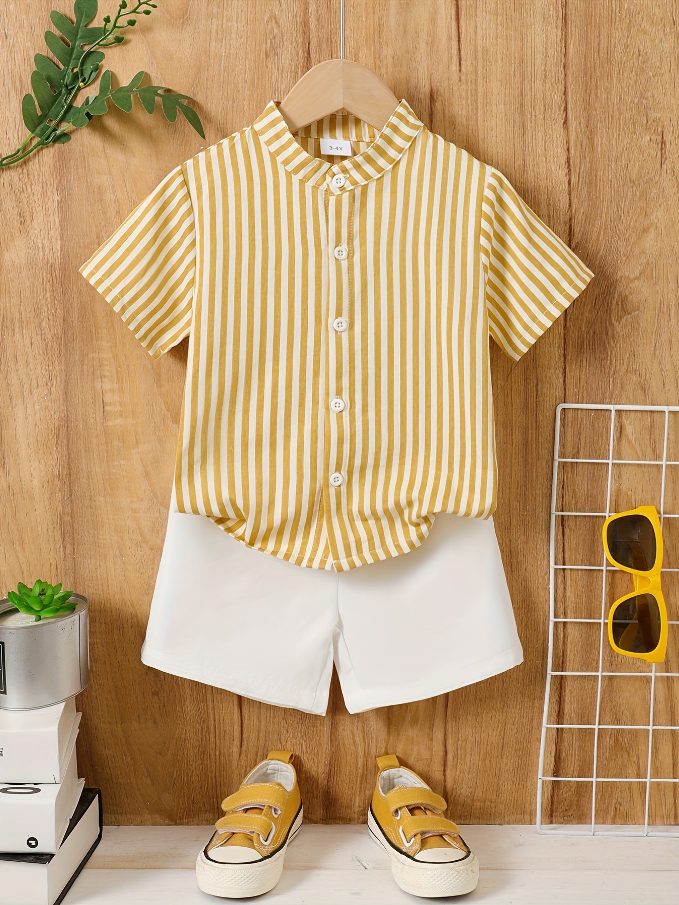 Boys Striped Casual Outfit Short Sleeves Stand Collar Shirt & Shorts Kids Summer Clothes Sets - NEXTRENDBAHRAIN