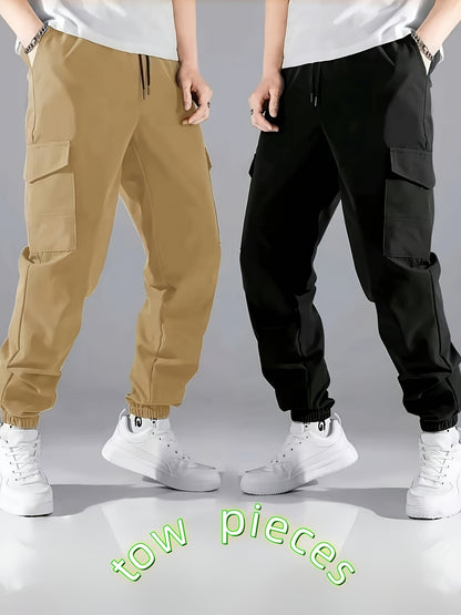 2pcs Men's Trendy Solid Footed Cargo Pants With Side Pocket, Comfy Casual Loose Fit Trousers For Men's Outdoor Activities - NEXTRENDBAHRAIN