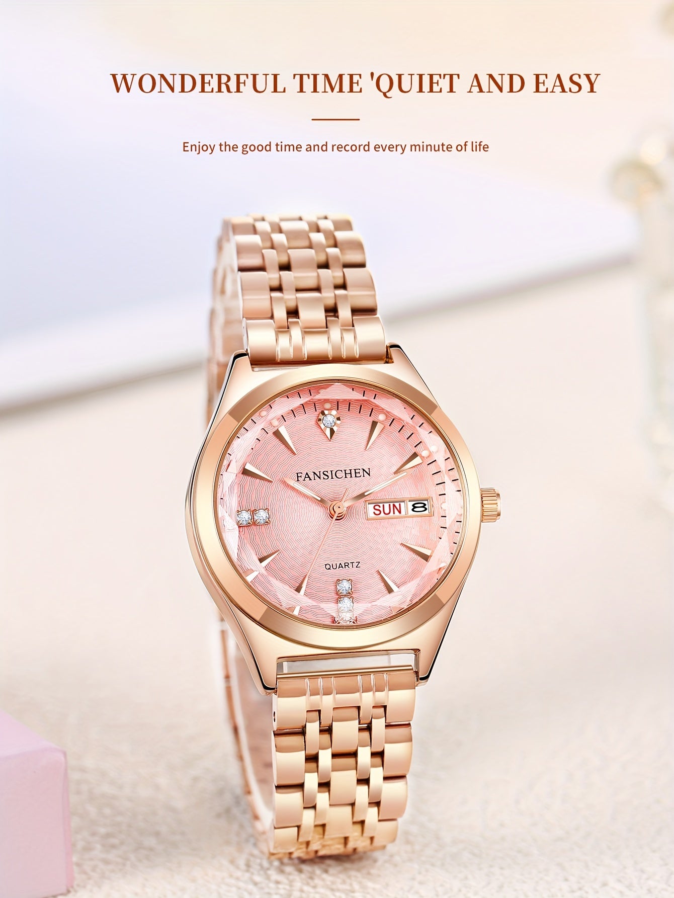 Elegant Women's Watch with Rhinestone Dial - Rose Golden, & Luminous with Calendar Feature, Genuine Faux Leather/Stainless Steel Band - Perfect Gift for Her - NEXTRENDBAHRAIN