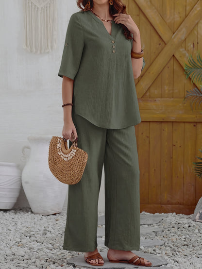 Casual Solid Color Pants Set, Short Sleeve Button Notch Neck Blouse & Wide Leg Pants Outfits, Women's Clothing - NEXTRENDBAHRAIN