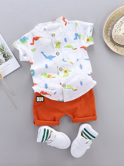 2pcs Baby Boys Dinosaur Print Button Short Sleeve Shirt Top & Elastic Waist Shorts Set Toddler Summer Clothes - NEXTRENDBAHRAIN