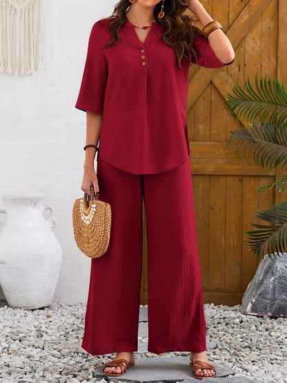 Casual Solid Color Pants Set, Short Sleeve Button Notch Neck Blouse & Wide Leg Pants Outfits, Women's Clothing - NEXTRENDBAHRAIN