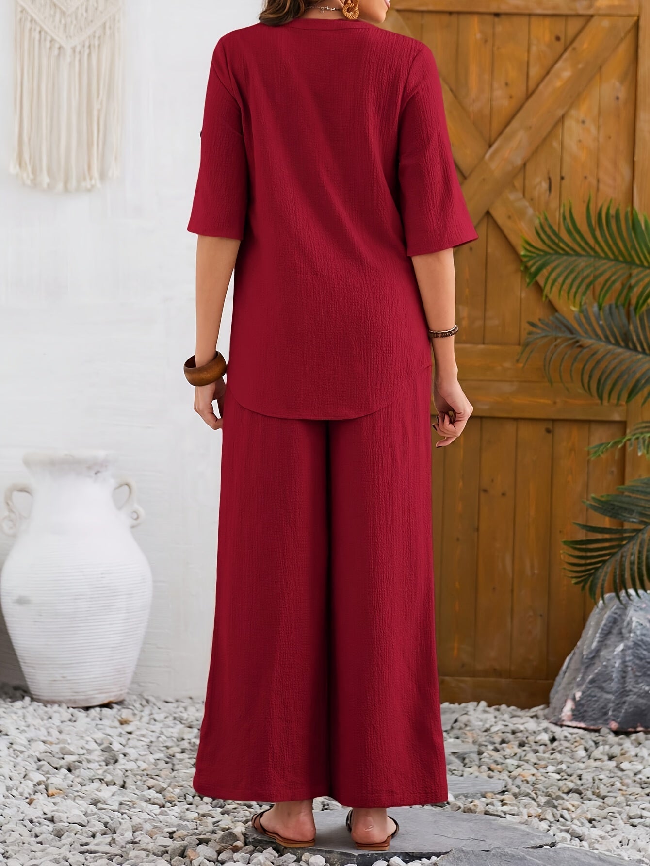 Casual Solid Color Pants Set, Short Sleeve Button Notch Neck Blouse & Wide Leg Pants Outfits, Women's Clothing - NEXTRENDBAHRAIN