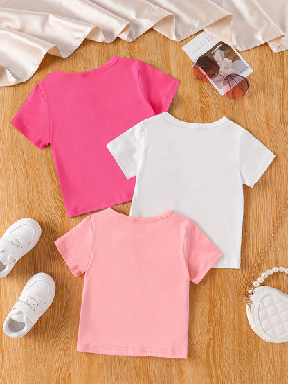 3pcs Baby's Cartoon Girl & Letter Print Crew Neck T-shirt, Casual Short Sleeve Tee, Infant & Toddler Girl's Tops For Summer - NEXTRENDBAHRAIN