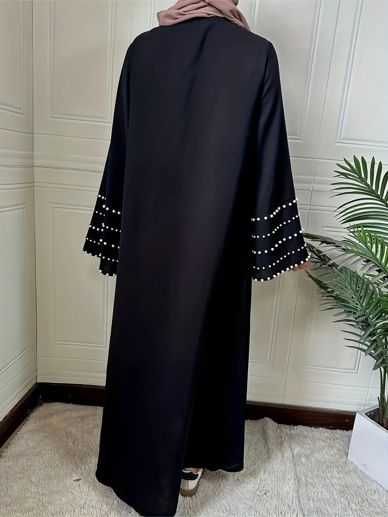 Beaded Crew Neck Long Sleeve Abayas Dress, Elegant Maxi Length Dress, Women's Clothing NEXTRENDBAHRAIN