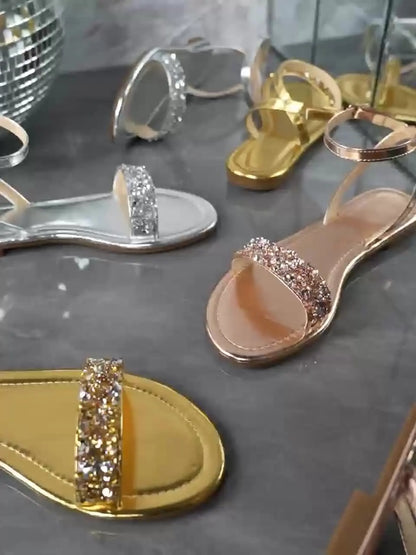 Women's Sequins Flat Sandals, Lightweight Open-toed Summer Ankle Strap Shoes, Stylish Outdoor Beach Sandals - NEXTRENDBAHRAIN