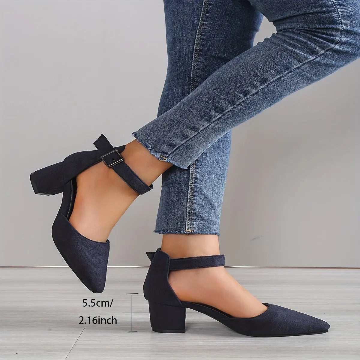 Women's Block Heel Ankle Strap Sandals, Solid Color Pointed Toe Low Heels, Versatile Dress Shoes - NEXTRENDBAHRAIN