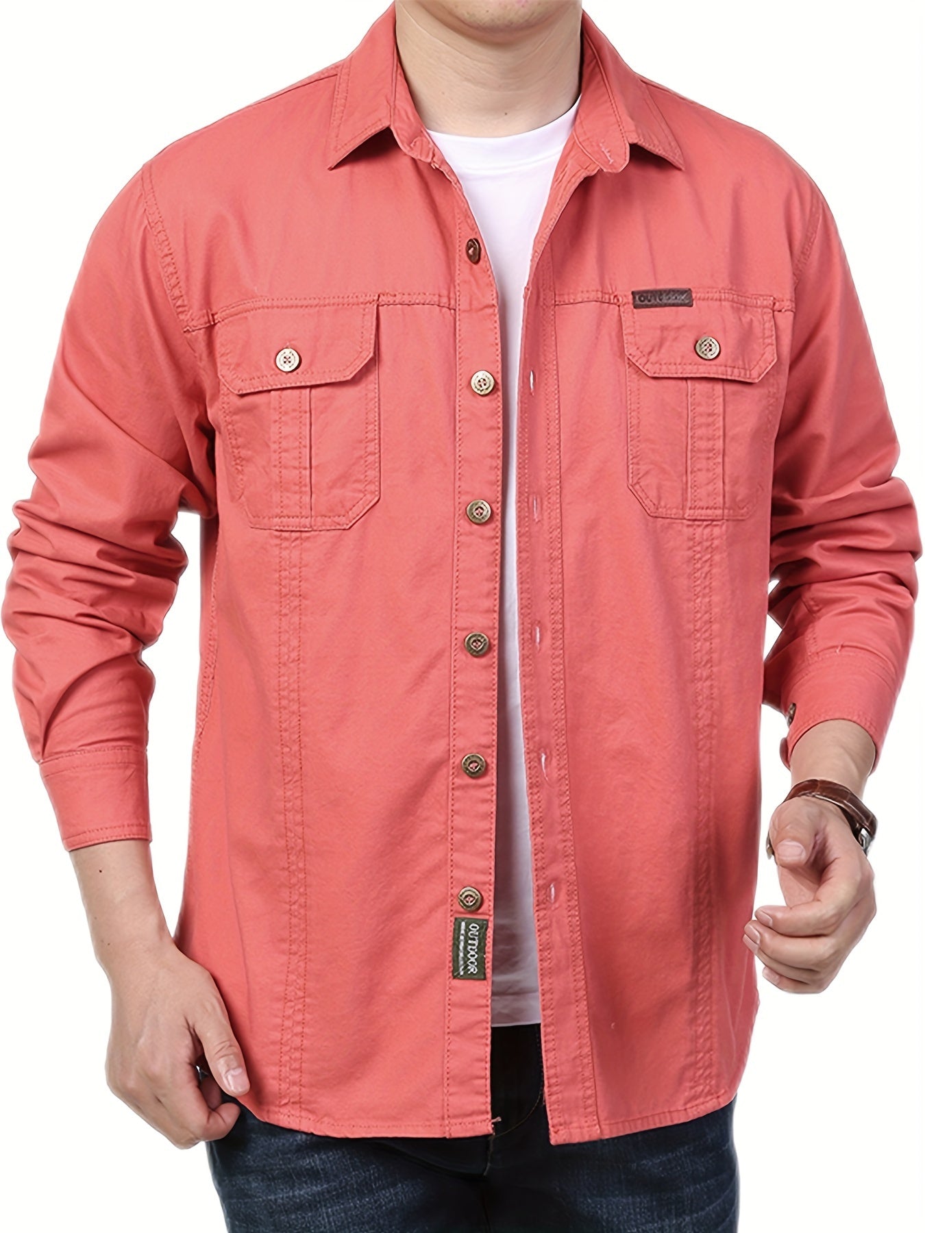 Cotton Comfy Solid Men's Cargo Style Long Sleeve Button Down Shirt With Flap Pockets, Spring Fall Thin Shirt Jacket NEXTRENDBAHRAIN