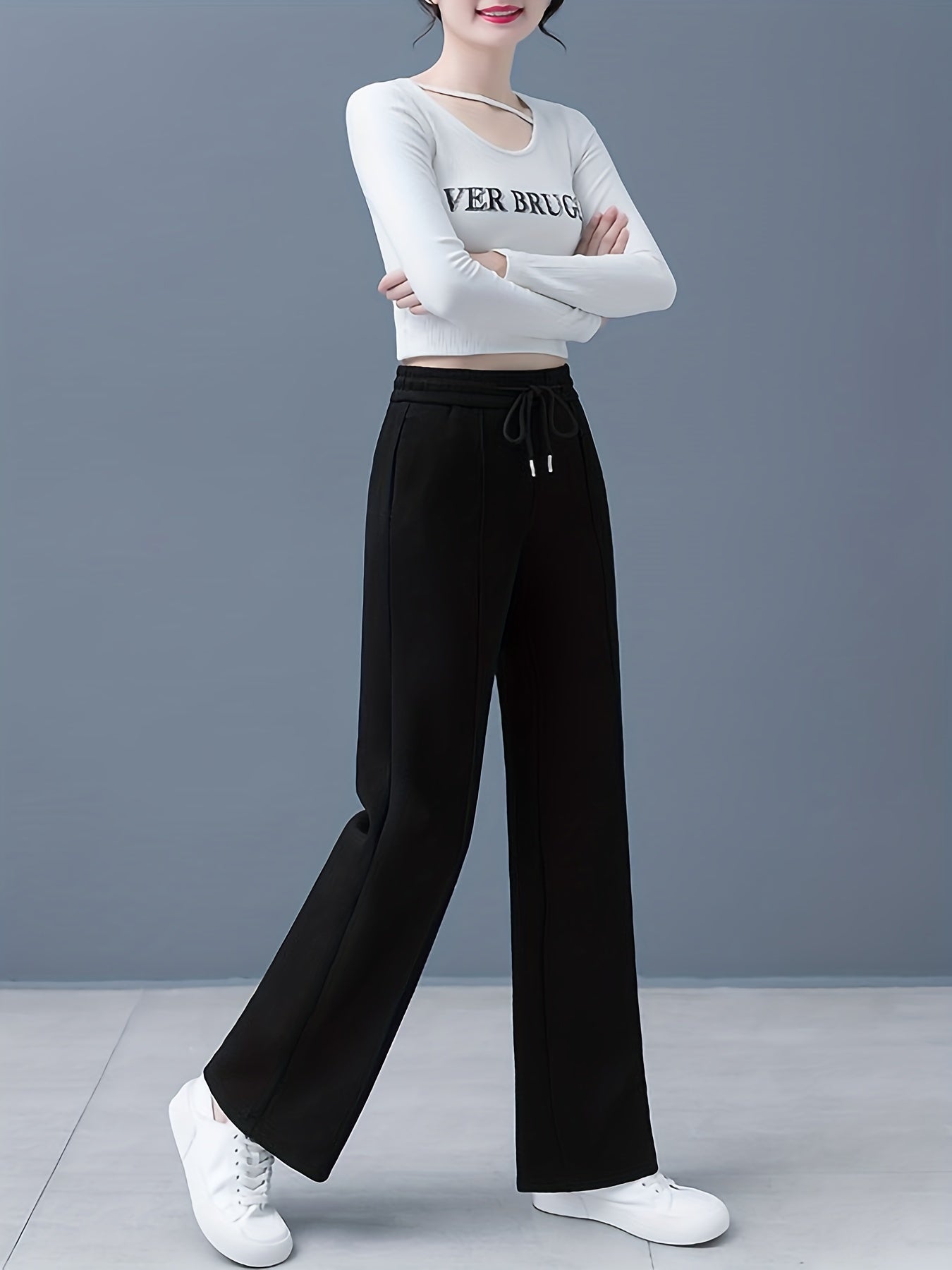 Women's High-Waist Straight-Leg Pants in Solid Color - Comfortable Polyester, Machine Washable, Casual Wide-Leg Design for All Seasons NEXTRENDBAHRAIN