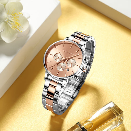 Women's 38mm Multi Functional Quartz Watch Business Fashion Date Dial Analog Stainless Steel Band Wrist Watch - NEXTRENDBAHRAIN