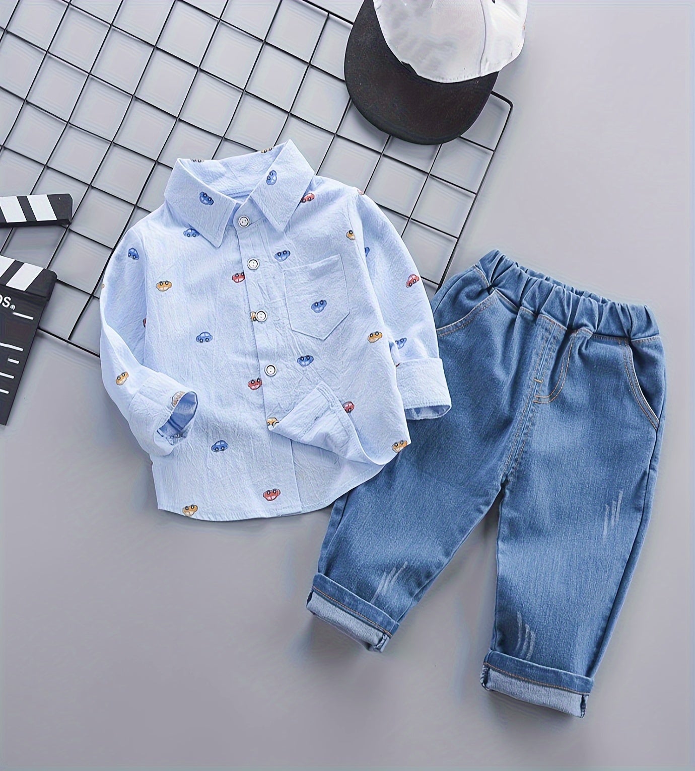 Baby Boy's 2Pcs Cartoon Cars Button Down Shirt & Elastic Pants Set, Toddler Cotton Spring Fall Outfit - NEXTRENDBAHRAIN