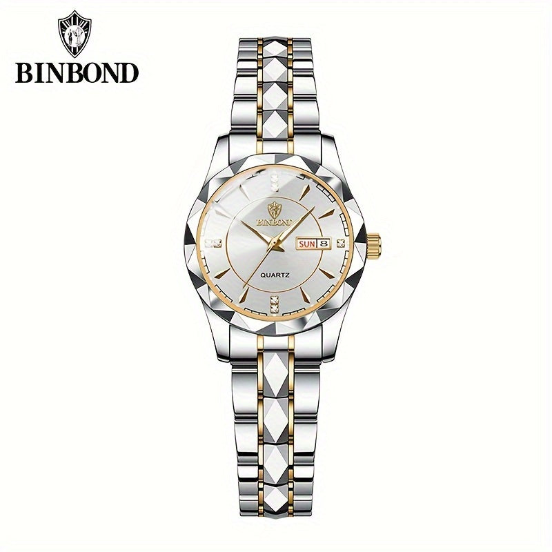 BINBOND Women's Dial Cutting Watch Luxury Rhinestone Quartz Watch Retro Fashion Luminous Analog WR Stainless Steel Wrist Watch - NEXTRENDBAHRAIN