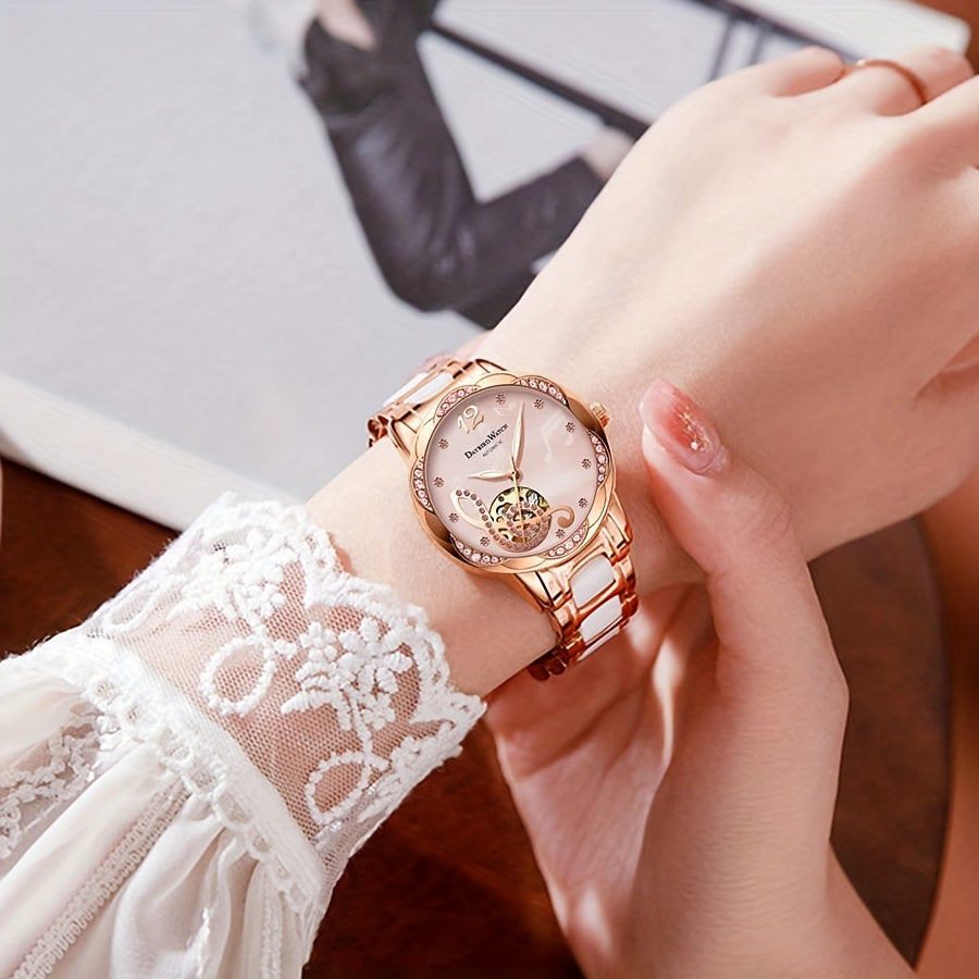 A rose Golden white women's alloy elegant casual style hollowed out mechanical watch - NEXTRENDBAHRAIN