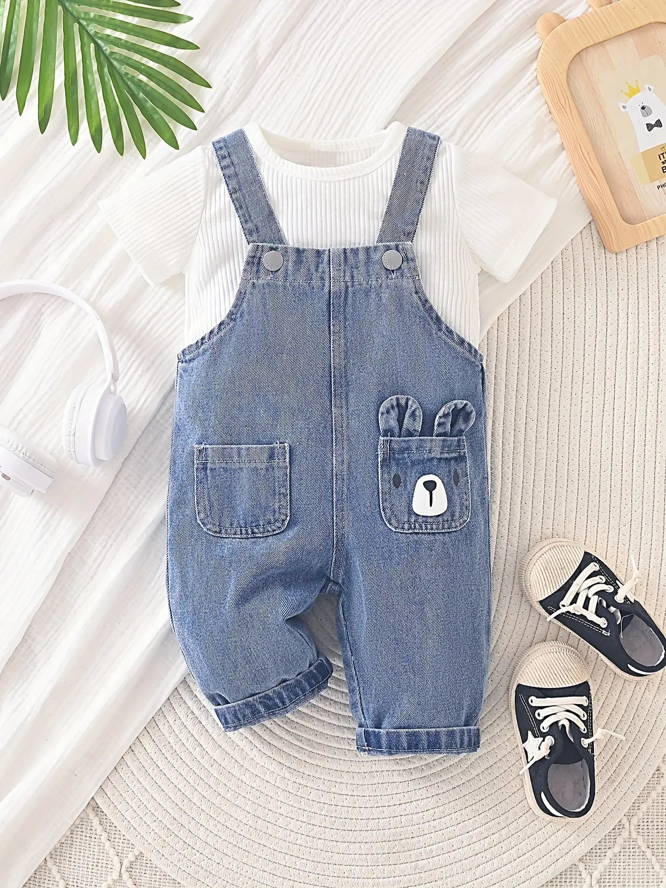 2pcs Baby's Bear Print Denim Overalls & Casual Ribbed Short-sleeve Top, Toddler & Infant Boy's Clothing Set For Spring Summer - NEXTRENDBAHRAIN