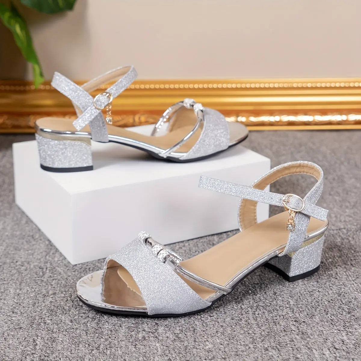 Women's Solid Color Elegant Sandals, Ankle Buckle Strap Rhinestone Beaded Chunky Heels, Versatile Slingback Dressy Shoes - NEXTRENDBAHRAIN