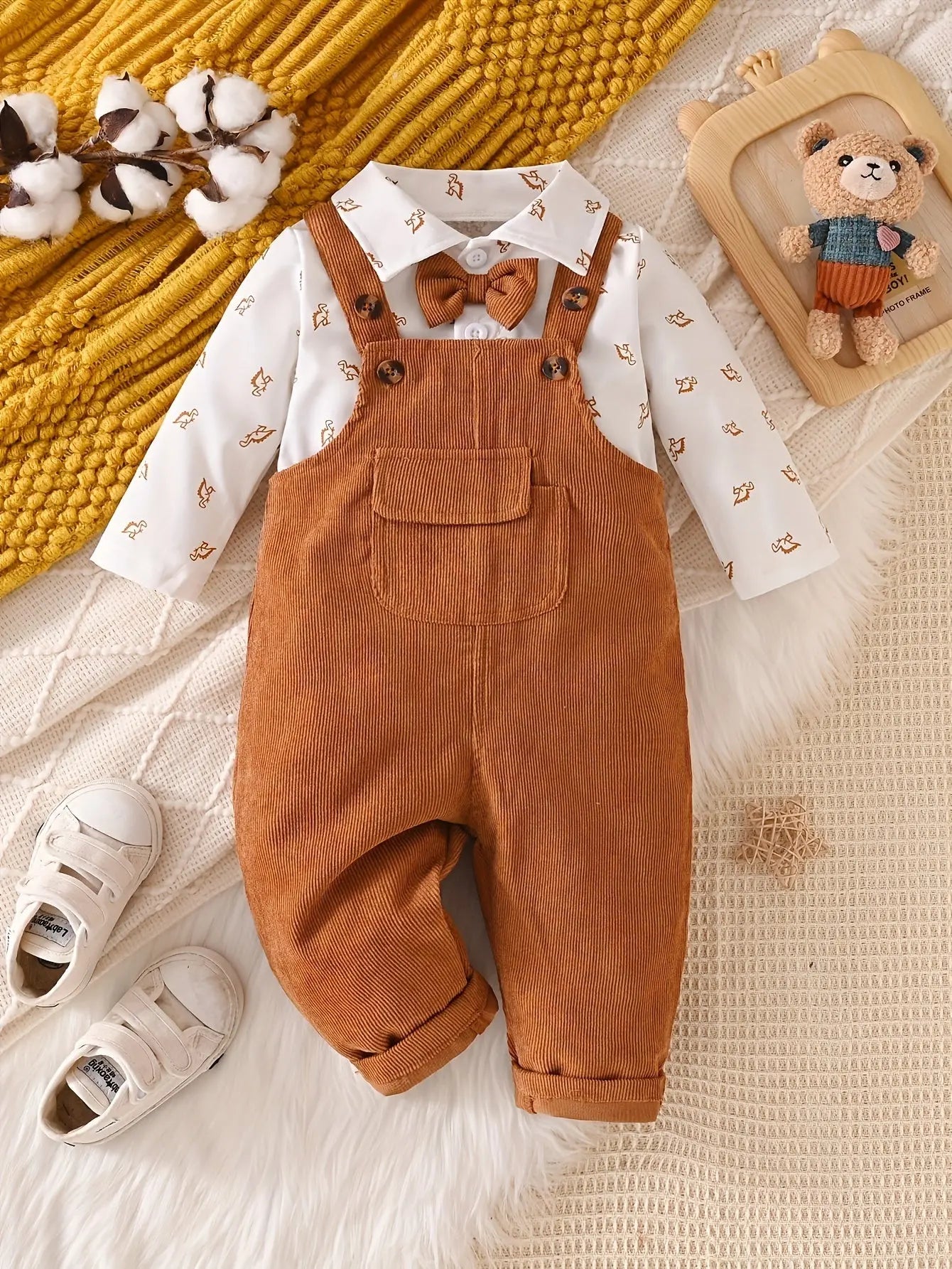 Boy'S Corduroy Overalls with Dinosaur Print Shirt And Bow Tie - Fall/Winter Collection - NEXTRENDBAHRAIN