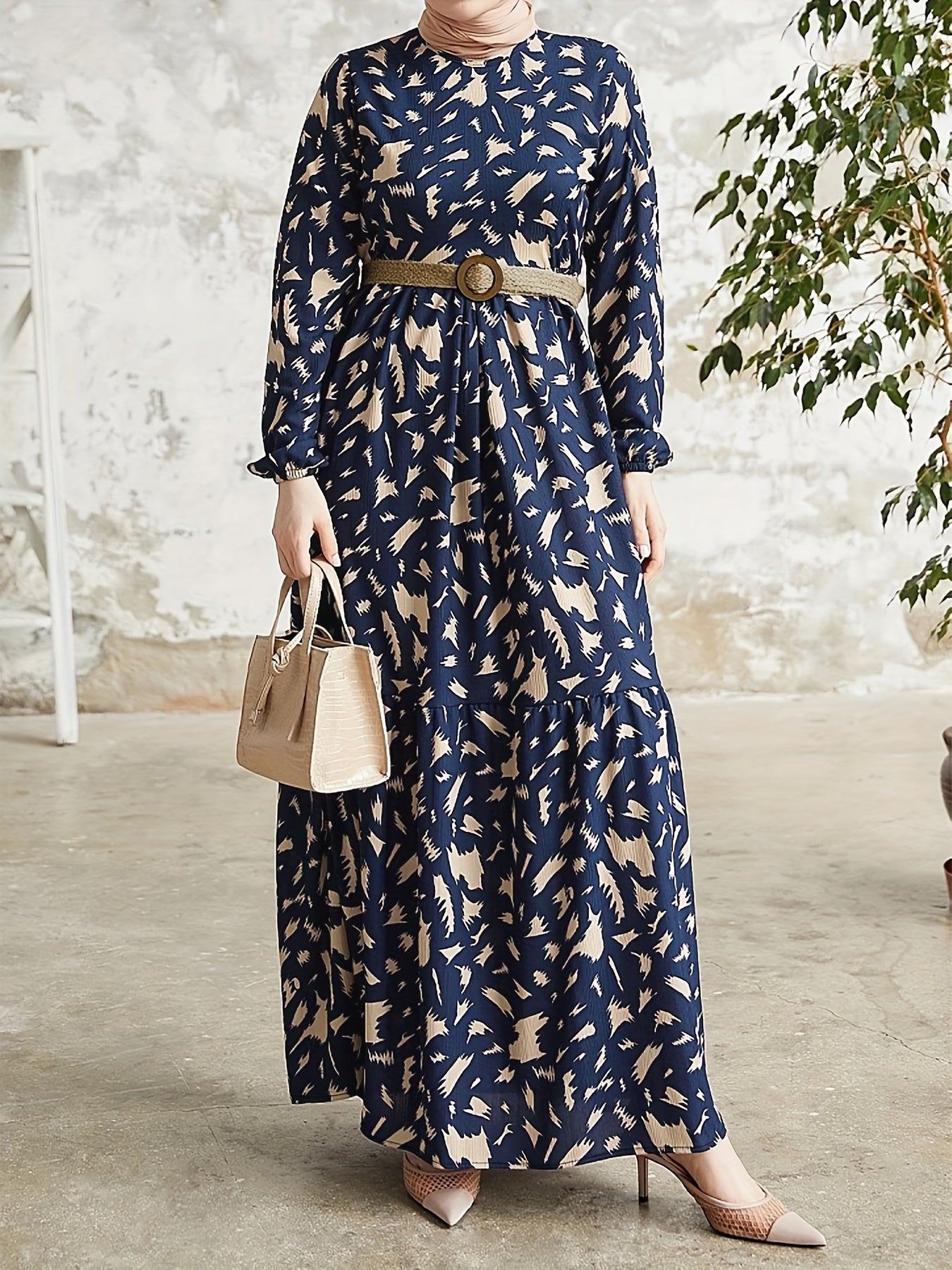 Allover Print Crew Neck Modest Dress, Elegant Long Sleeve Maxi Dress For Spring & Fall, Women's Clothing - NEXTRENDBAHRAIN