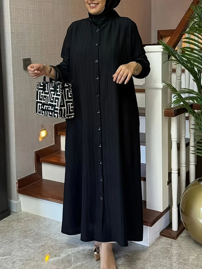 Women's Elegant Solid Color Long Abaya with Belt - Polyester Woven Fabric, Full-Length Robe with Button Closure, Traditional Middle Eastern Style, Suitable for All Seasons - Collection 6322 - NEXTRENDBAHRAIN