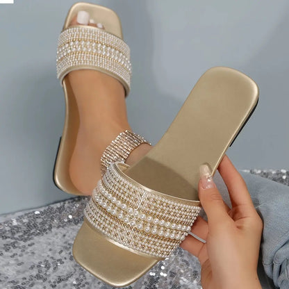 Women's Faux Pearl & Beads Flat Slippers, Fashion Square Open Toe Non Slip Slides, Casual Outdoor Slippers - NEXTRENDBAHRAIN