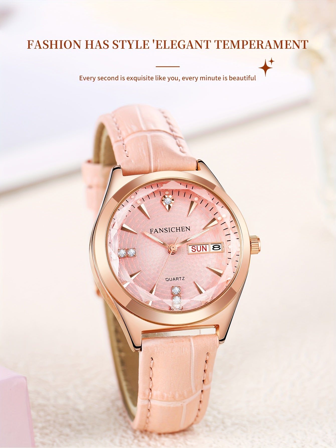 Elegant Women's Watch with Rhinestone Dial - Rose Golden, & Luminous with Calendar Feature, Genuine Faux Leather/Stainless Steel Band - Perfect Gift for Her - NEXTRENDBAHRAIN