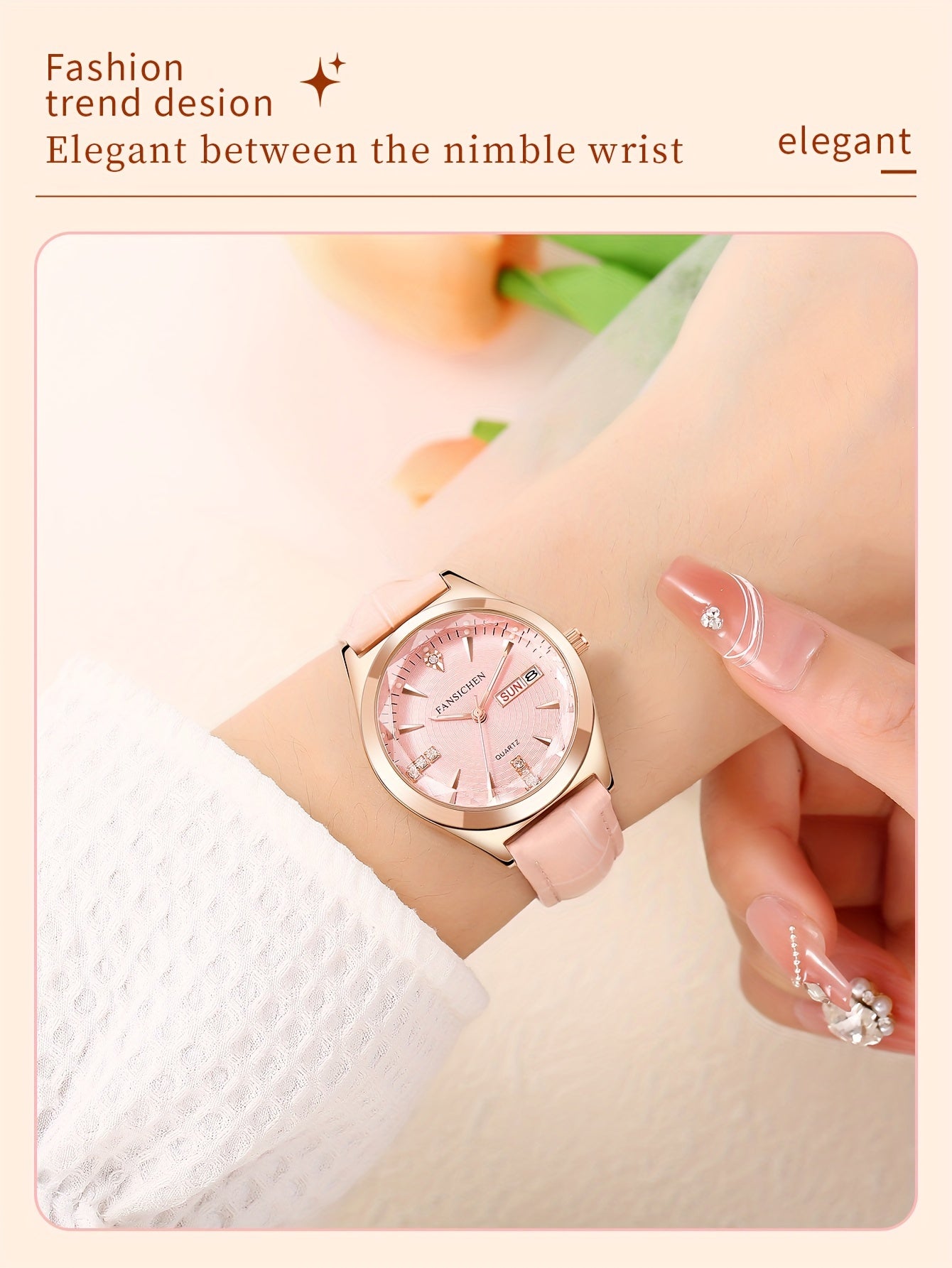 Elegant Women's Watch with Rhinestone Dial - Rose Golden, & Luminous with Calendar Feature, Genuine Faux Leather/Stainless Steel Band - Perfect Gift for Her - NEXTRENDBAHRAIN