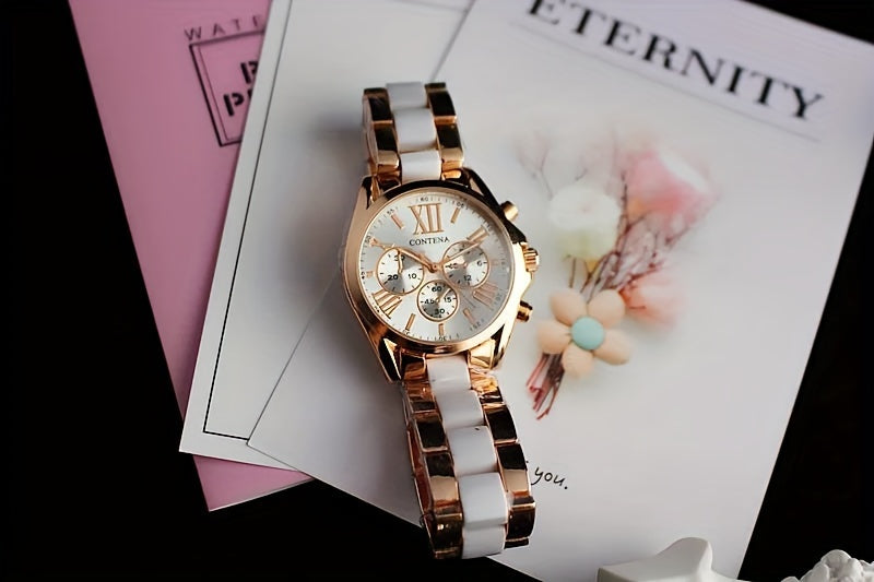 1pc Matching Contena Luxury Rose Golden Quartz Watches, Women's Fashion Wristwatch Set With Roman Numerals, Elegant Female Timepieces For Daily Life And Travel (Watch Only) - NEXTRENDBAHRAIN