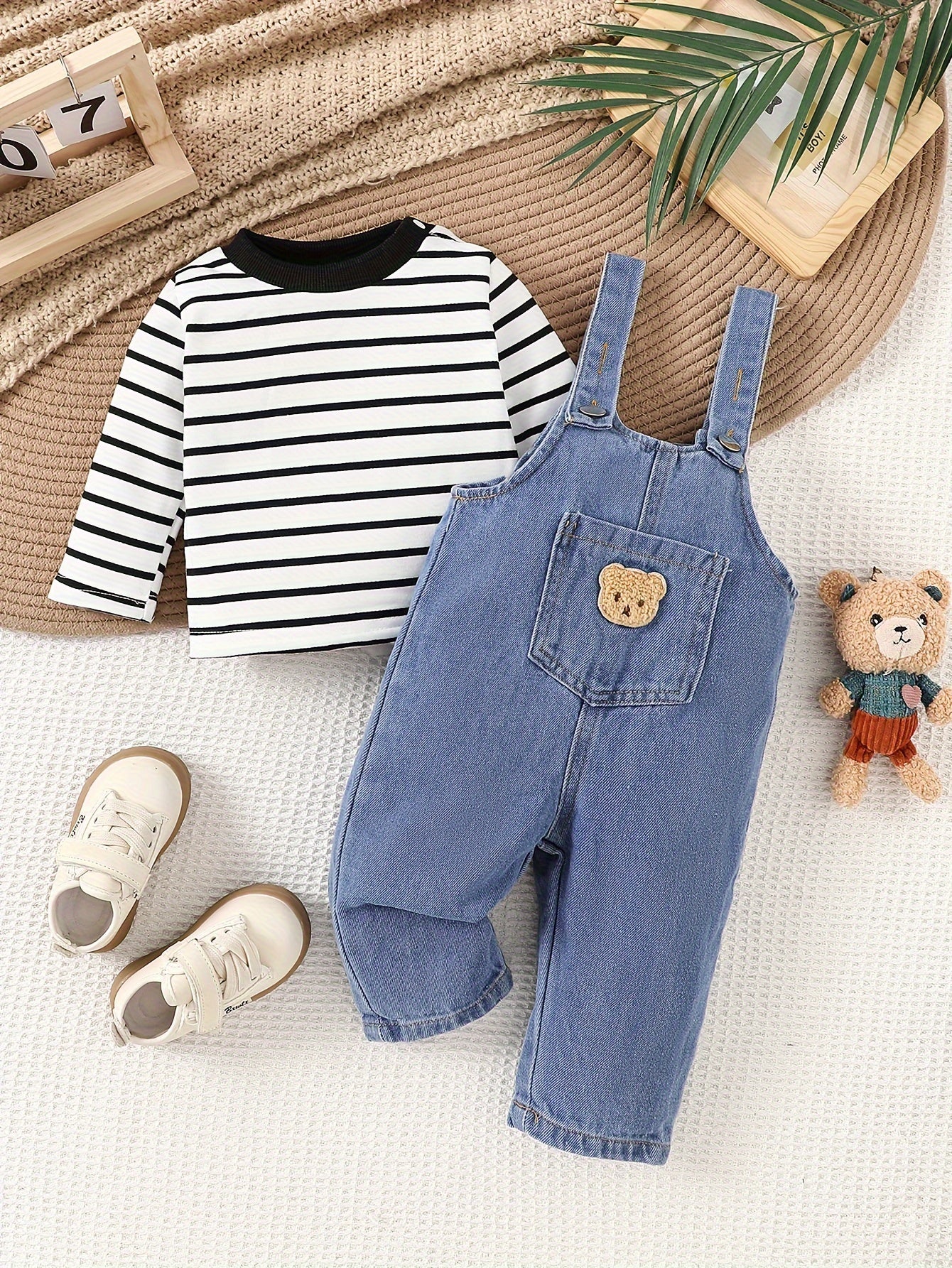 Boy'S Denim Overalls with Striped Long Sleeve Top - Fall/Winter Collection - Cotton Blend, Casual Style, Elastic Fabric, Cartoon Pattern, Button Detail, Long Pants, Regular Fit, Knit (Including Crochet, Woolen Fabric), Polyes - NEXTRENDBAHRAIN