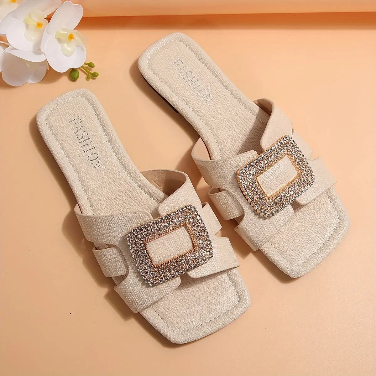 Women's Rhinestone Buckle Decor Slide Sandals, Fashion Square Open Toe Flat Summer Shoes, Lightweight Slide Sandals - NEXTRENDBAHRAIN