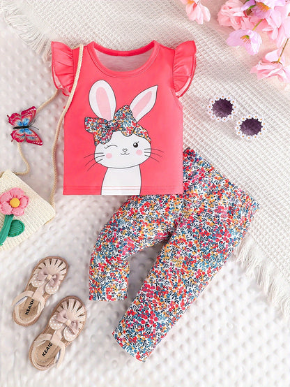 Baby's Cute Bunny Print 2pcs Casual Outfit, Cap Sleeve Top & Floral Pattern Pants Set, Toddler & Infant Girl's Clothes For Daily/Holiday/Party - NEXTRENDBAHRAIN