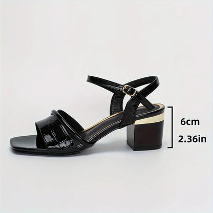 Women's Chunky Heeled Sandals, Solid Color Square Open Toe Ankle Strap Mid Heels, Fashion Summer Outdoor Sandals - NEXTRENDBAHRAIN