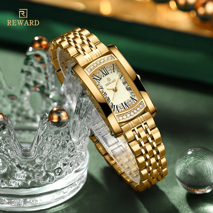 Elegant Golden-Tone Women's Watch - Luxury Retro Rectangle Design with Rhinestone Accents, Stainless Steel Band, Japanese Quartz Movement - NEXTRENDBAHRAIN