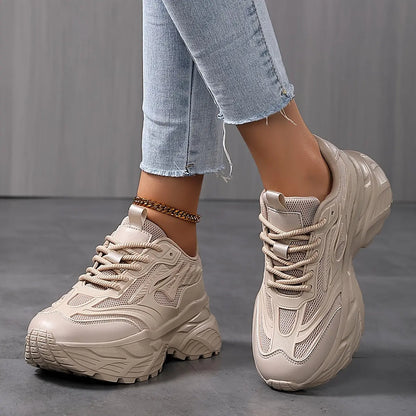 Women's Breathable Mesh Platform Sneakers, Casual Lace Up Outdoor Shoes, Comfortable Low Top Sport Shoes - NEXTRENDBAHRAIN