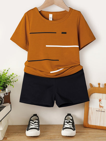 2pcs Boys Casual Simple Line Pattern Versatile Short Sleeve T-shirt & Shorts Set, Cool, Lightweight And Comfy Summer Clothes - NEXTRENDBAHRAIN