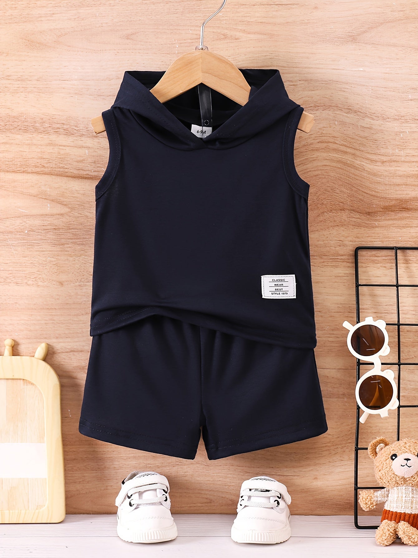 2pcs Casual Sleeveless Summer Outfit For Infant & Toddler, Hooded Tank Top & Elastic Waist Shorts, Baby Boy's Clothes For Daily Wear - NEXTRENDBAHRAIN