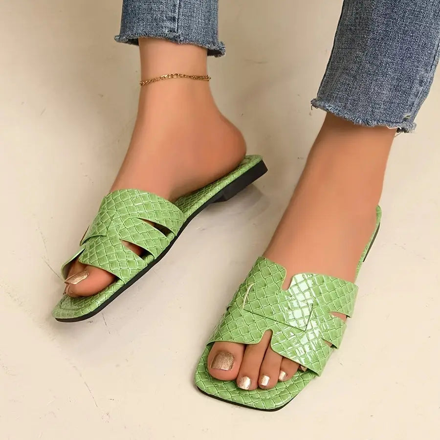 Women's Plaid Pattern Slide Sandals, Casual Square Open Toe Flat Summer Shoes, Lightweight Slide Sandals - NEXTRENDBAHRAIN