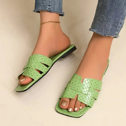 Women's Plaid Pattern Slide Sandals, Casual Square Open Toe Flat Summer Shoes, Lightweight Slide Sandals - NEXTRENDBAHRAIN