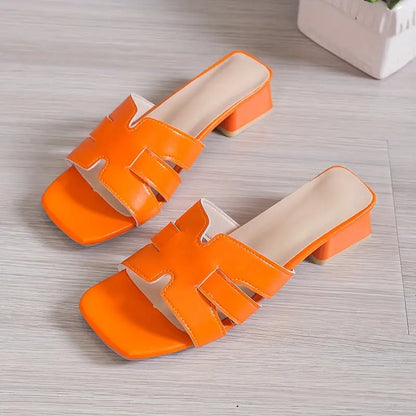 Women's Solid Color Trendy Sandals, Slip On Comfy Chunky Heel Slides Shoes, Versatile Square Toe Shoes - NEXTRENDBAHRAIN