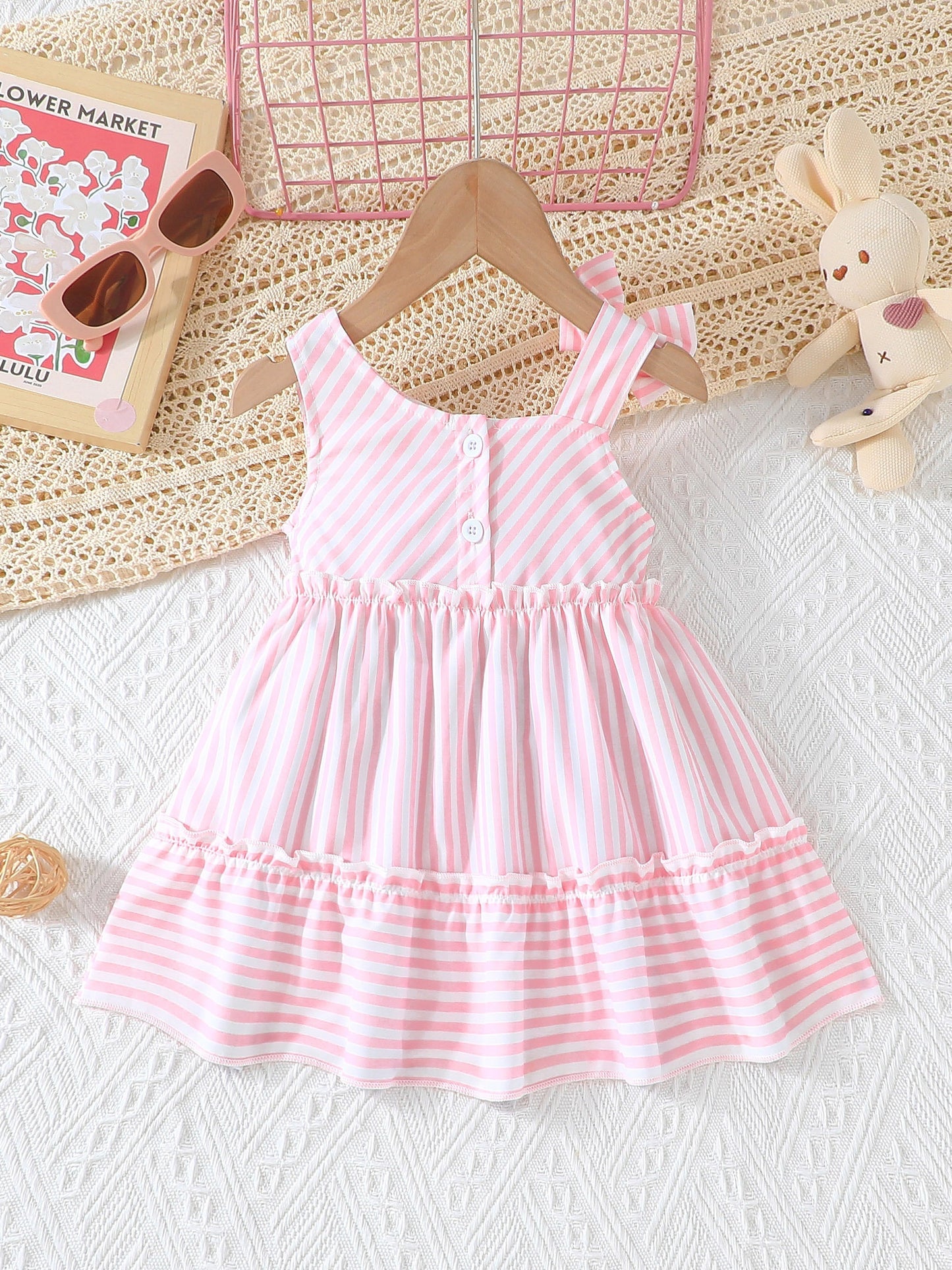 Baby's Stylish Bowknot Decor Stripe Pattern Sleeveless Dress, Infant & Toddler Girl's Clothing For Daily Wear/Holiday/Party, As Gift - NEXTRENDBAHRAIN