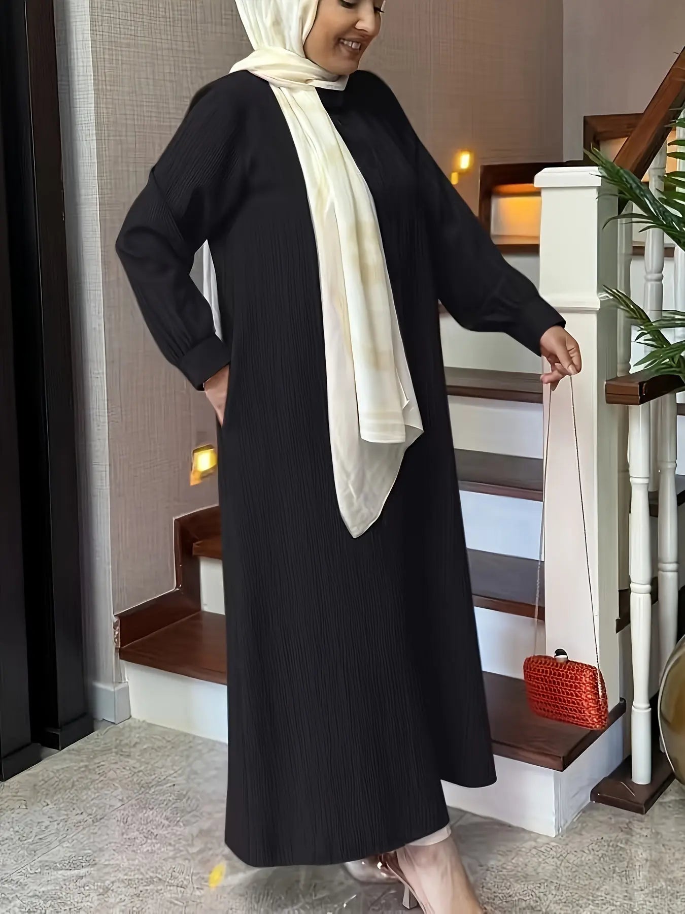 Women's Elegant Solid Color Long Abaya with Belt - Polyester Woven Fabric, Full-Length Robe with Button Closure, Traditional Middle Eastern Style, Suitable for All Seasons - Collection 6322 - NEXTRENDBAHRAIN