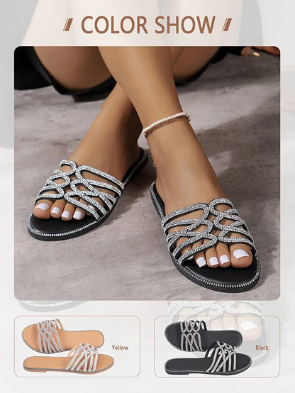 Women's Solid Color Glitter Sandals, Slip On Rhinestone Decor Flat Summer Slides, PVC Beach Slides - NEXTRENDBAHRAIN