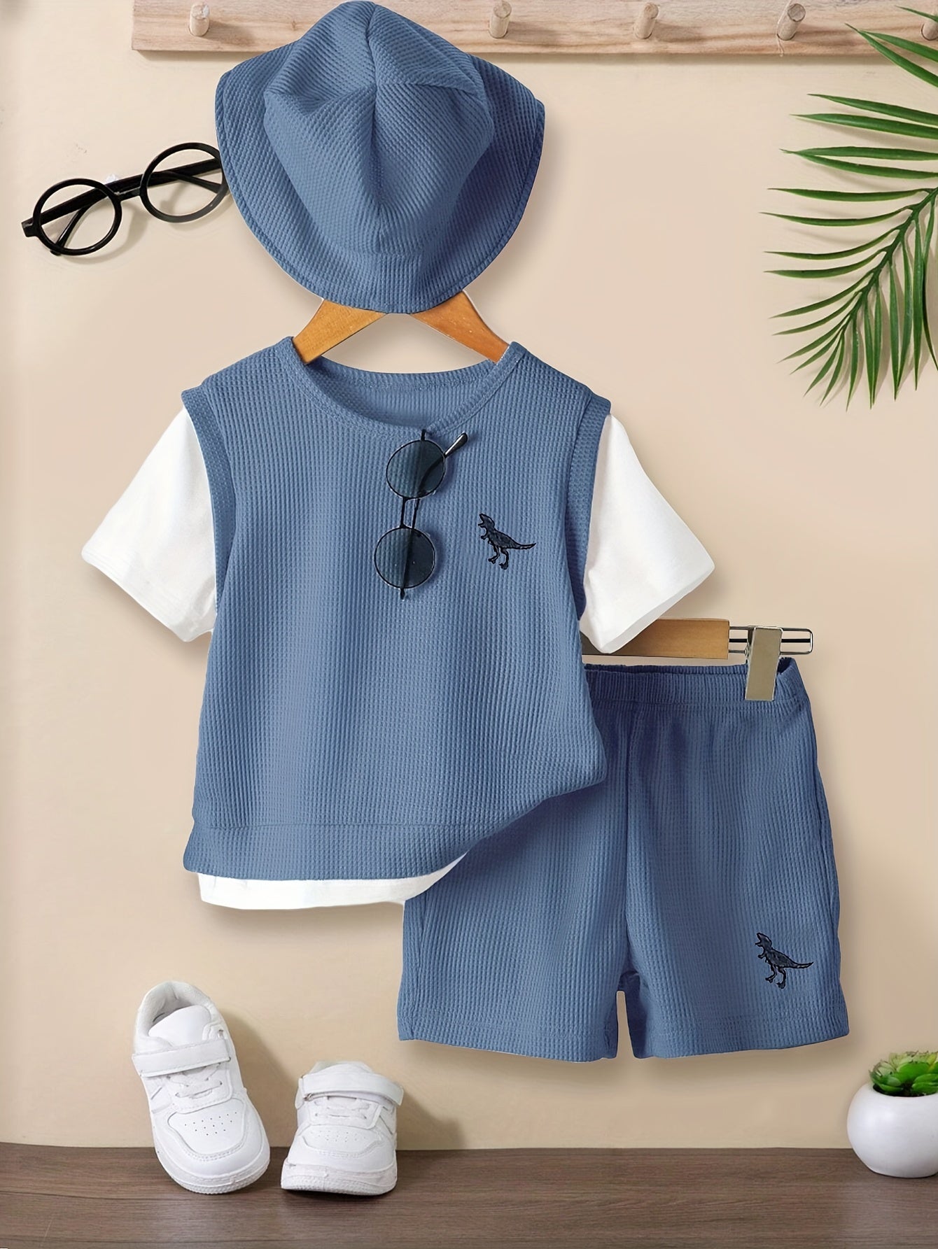 2pcs, Waffle Pattern T-shirt + Comfy Shorts Set For Boys Gift, Summer Clothes - NEXTRENDBAHRAIN