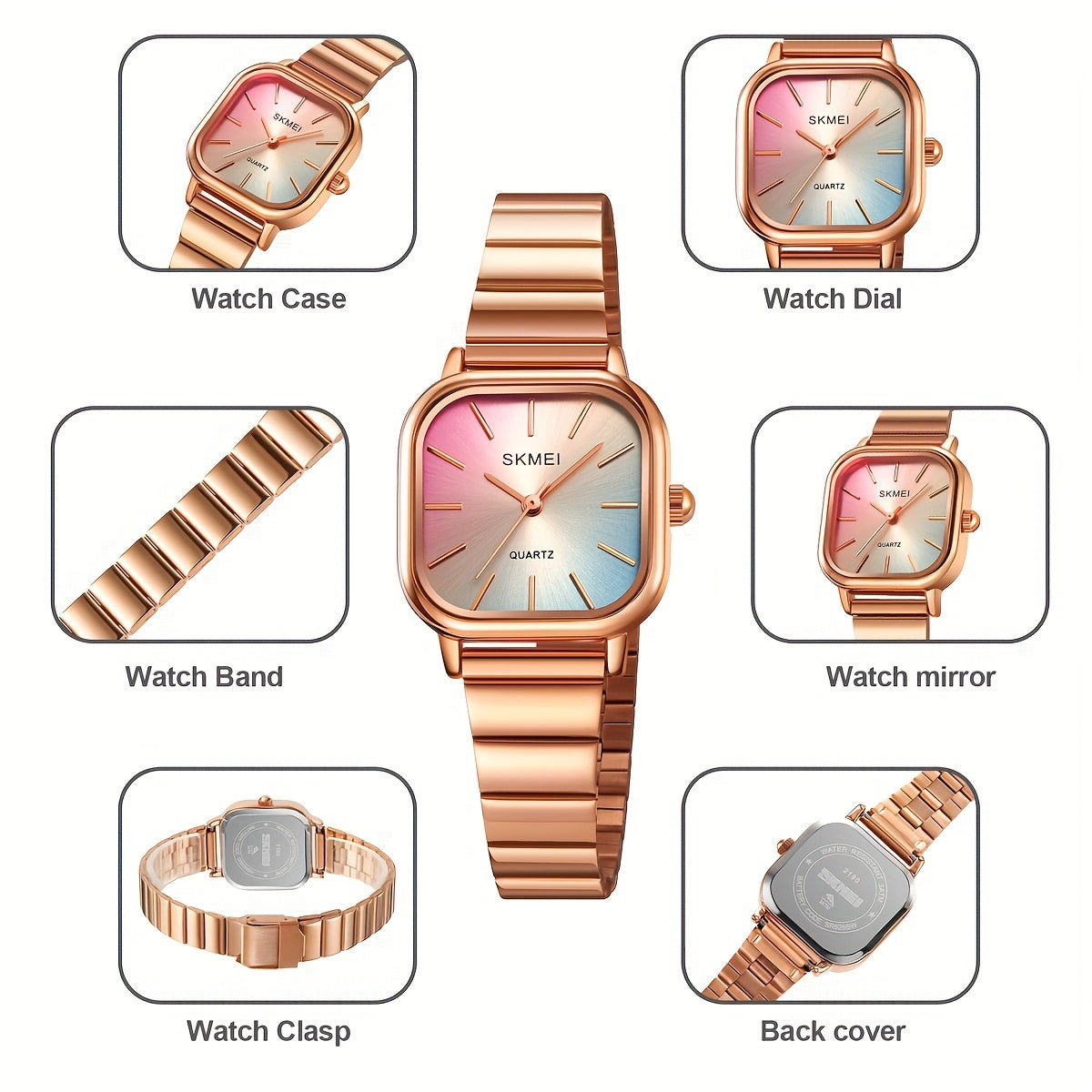 Women's Watch Fashion Square Pointer Quartz Watch Color Block Dial Analog WR Stainless Steel Wrist Watch - NEXTRENDBAHRAIN